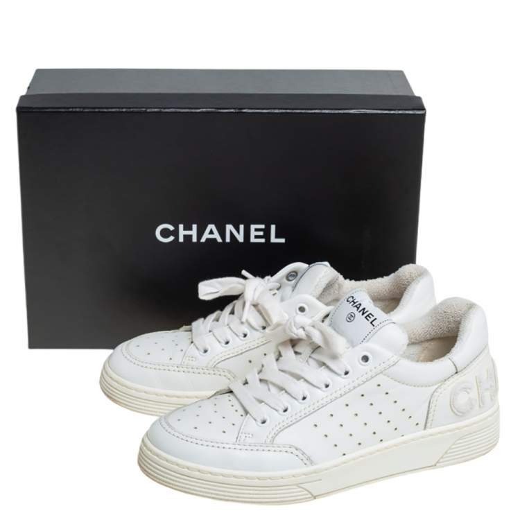 Pre Owned Chanel White Perforated Leather Low Top Sneakers Size 37
