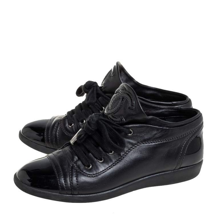 Pre Owned Chanel Black Patent And Leather CC Sneakers Size 35.5