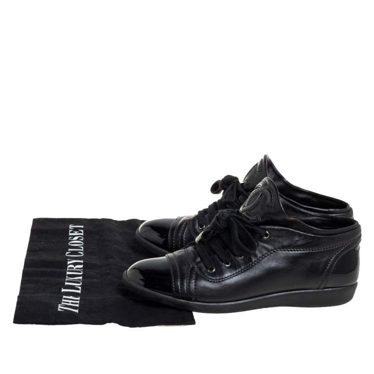 Pre Owned Chanel Black Patent And Leather CC Sneakers Size 35.5