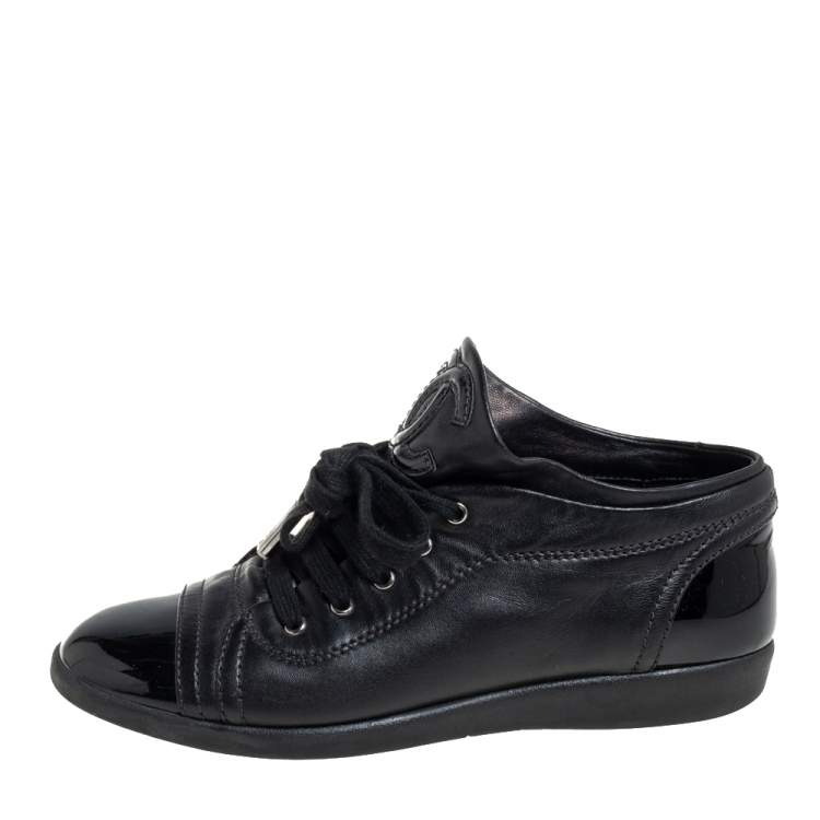 Pre Owned Chanel Black Patent And Leather CC Sneakers Size 35.5
