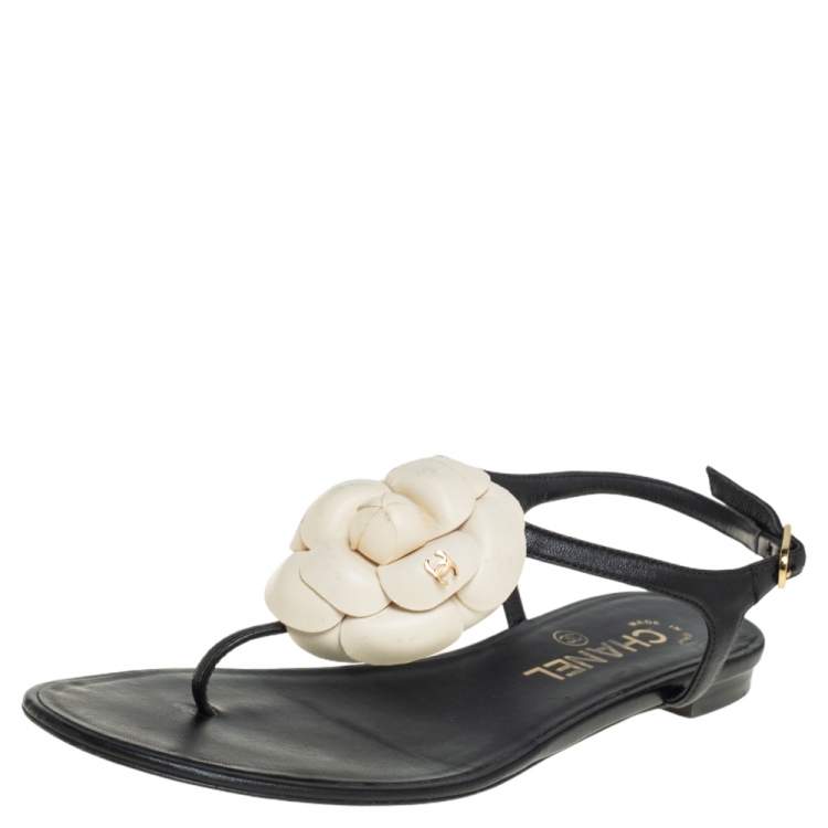 Chanel Black Leather Camellia CC Flat Sandals Size 35.5 Chanel | The Luxury  Closet