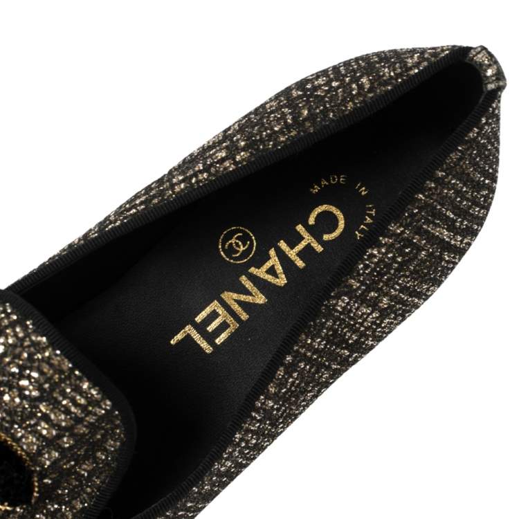 Pre Owned Chanel Shimmery Black Fabric CC Smoking Slippers Size 36.5