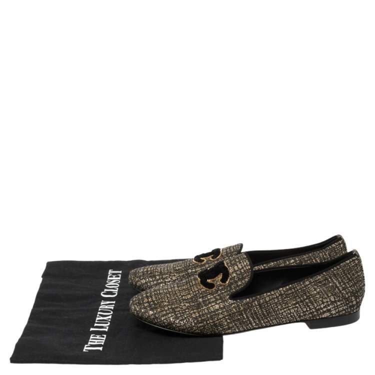Pre Owned Chanel Shimmery Black Fabric CC Smoking Slippers Size 36.5