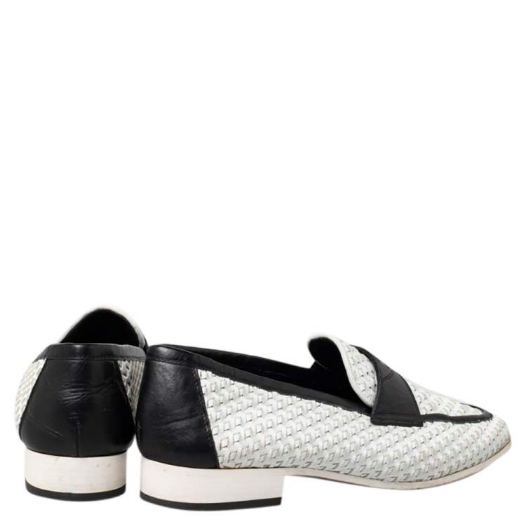 Pre Owned Chanel White/Black Woven Leather Slip On Loafers Size 38