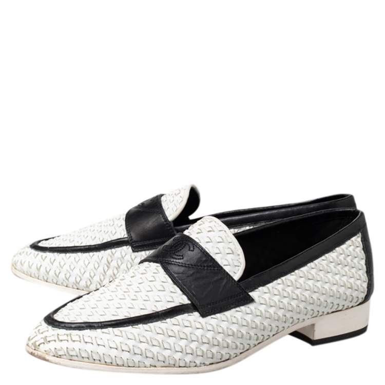 Chanel White/Black Woven Leather Slip On Loafers Size 38 Chanel | The ...