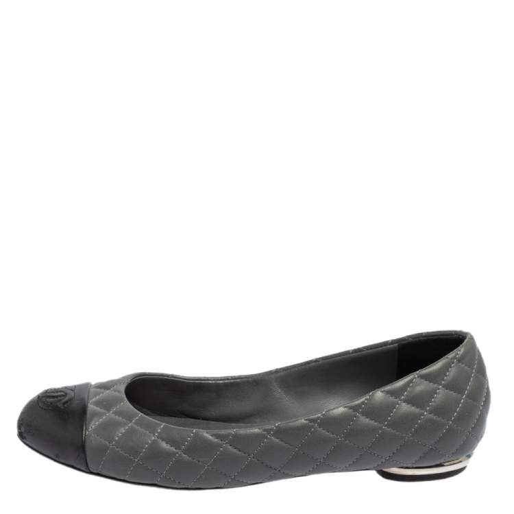 Chanel Grey Quilted Leather CC Cap Toe Ballet Flats Size 36.5 Chanel