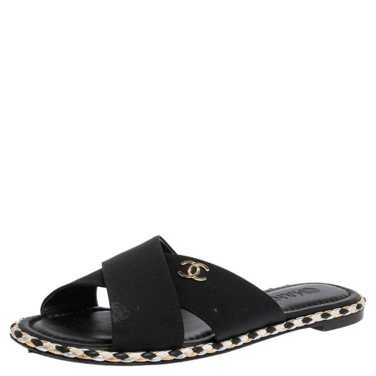 Chanel Black/White Woven Fabric Wooden Slide Sandals Size 6/36.5 - Yoogi's  Closet