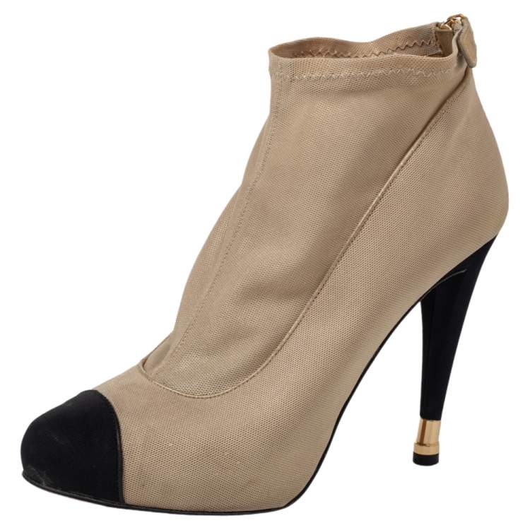 Chanel Beige/Black Stretch Fabric CC Cap Toe Ankle Booties Size 41 Chanel |  The Luxury Closet