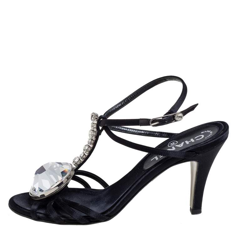 Chanel Black Satin Diamante Strappy Sandals Size 38 Chanel