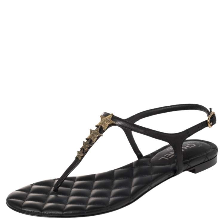 Chanel Black Quilted Leather CC Star Thong Sandals