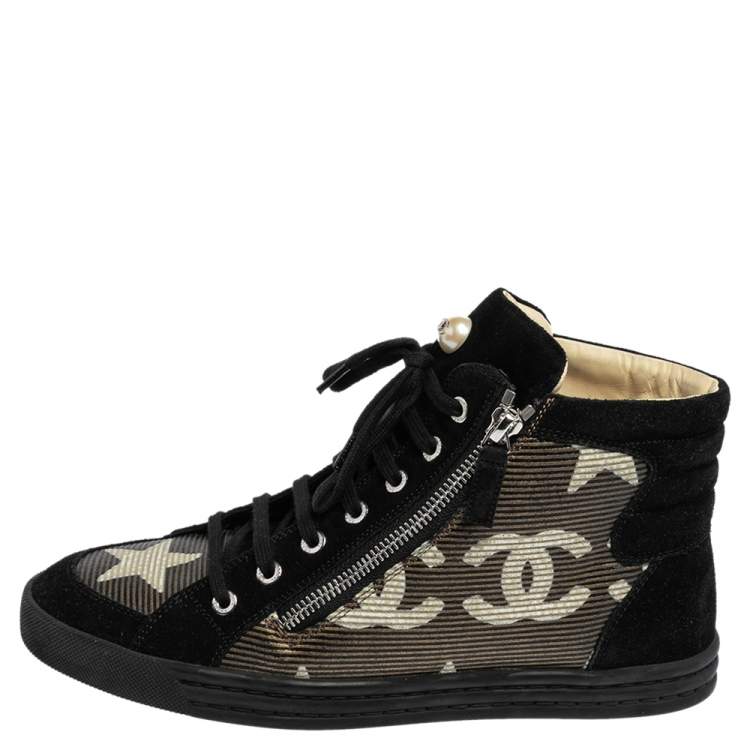 Chanel Black/Gold Stripe Canvas and Suede Paris Dallas High Top