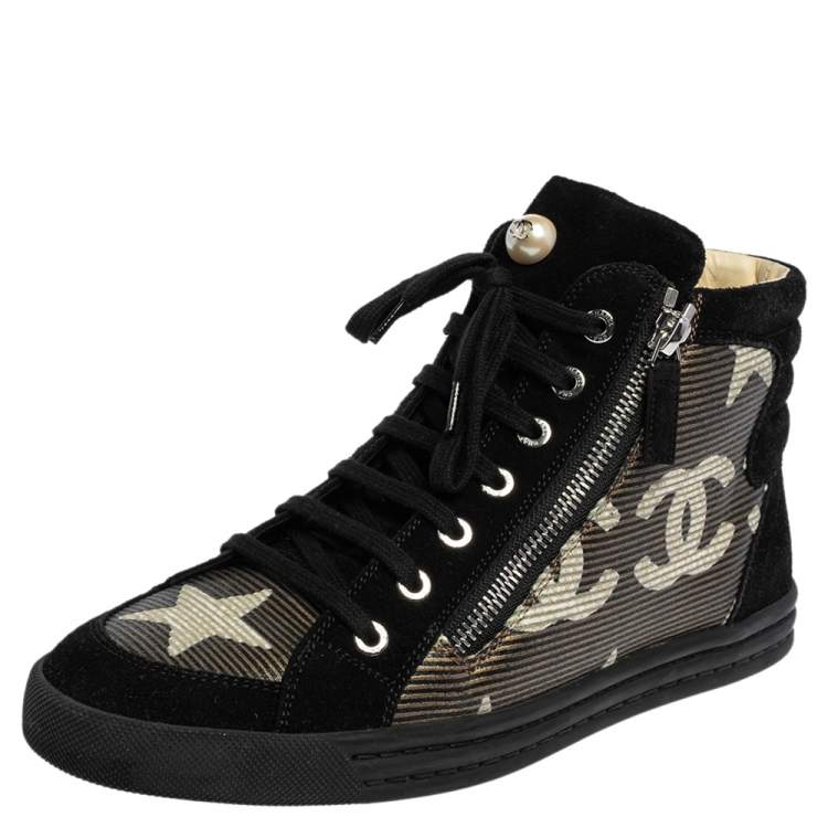 Chanel Black/Gold Tweed and Patent Leather CC High Top Sneakers