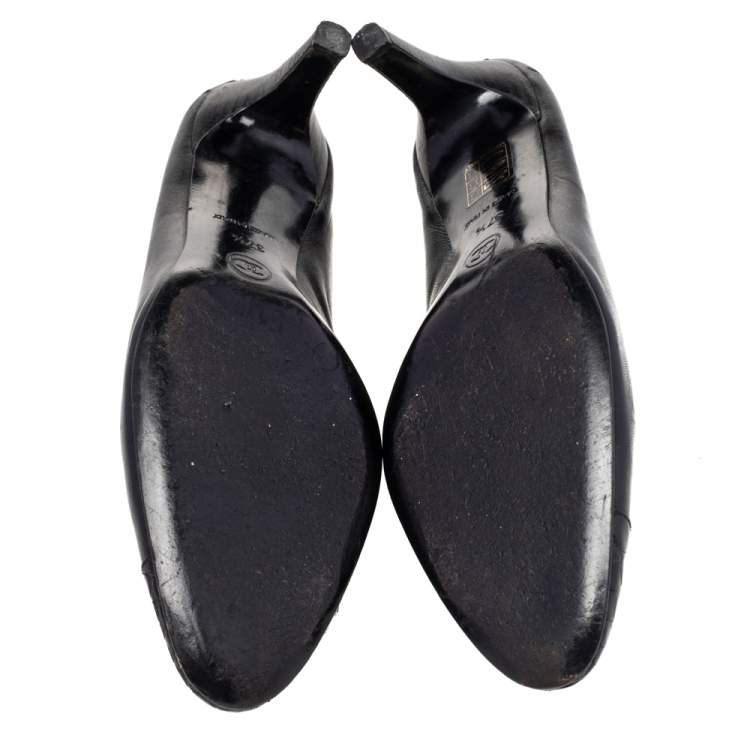 Pre Owned Chanel Black Croc Embossed And Leather CC Bow Pumps Size 37.5