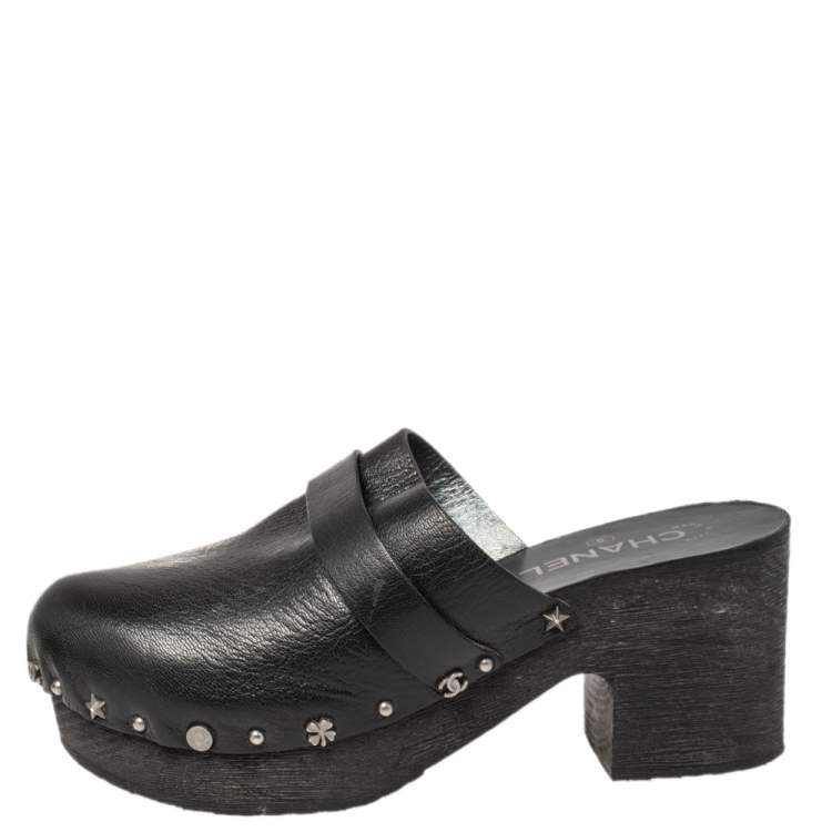 Chanel Black Leather Studded Clog Sandals Size 40 Chanel