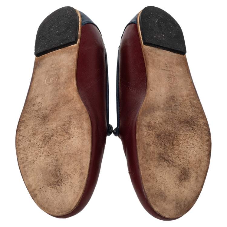 Pre Owned Chanel Burgundy/Blue Leather CC Smoking Slippers Size 40