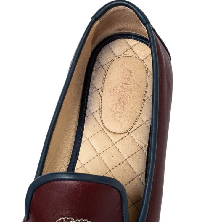 Pre Owned Chanel Burgundy/Blue Leather CC Smoking Slippers Size 40