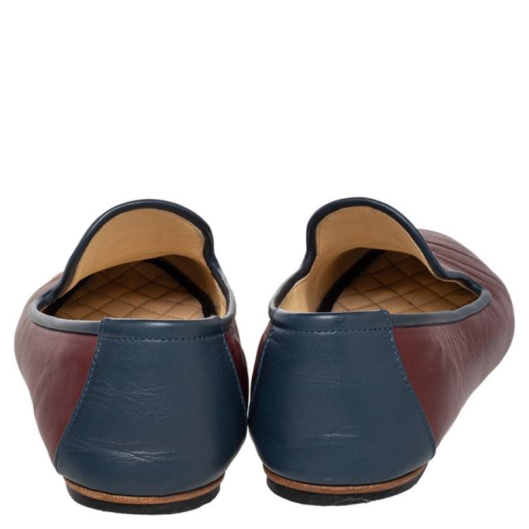 Pre Owned Chanel Burgundy/Blue Leather CC Smoking Slippers Size 40