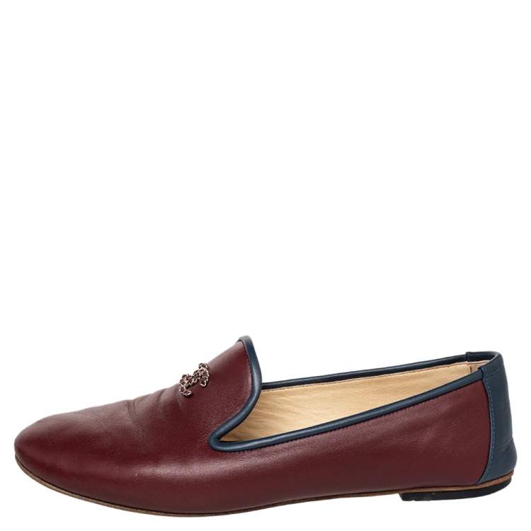 Pre Owned Chanel Burgundy/Blue Leather CC Smoking Slippers Size 40
