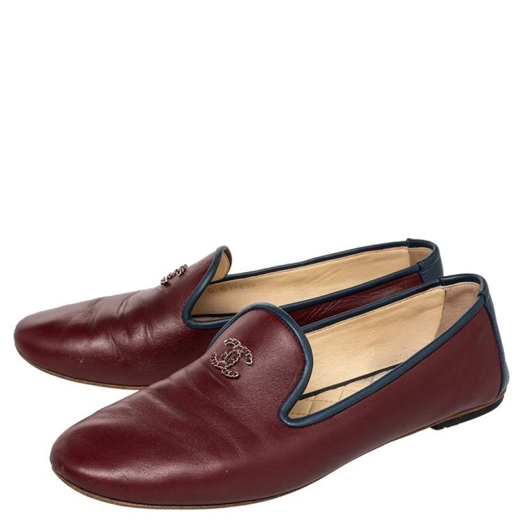 Pre Owned Chanel Burgundy/Blue Leather CC Smoking Slippers Size 40