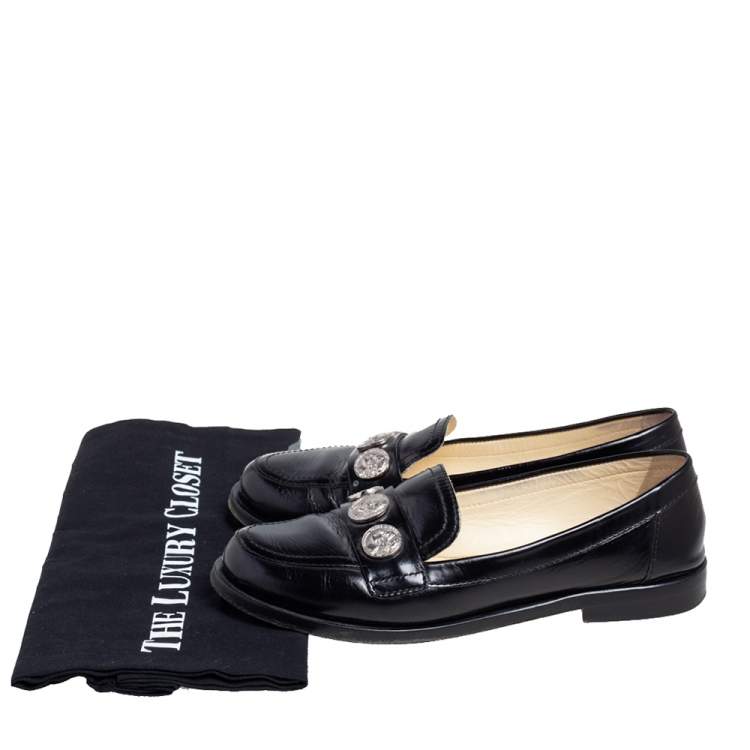 Pre Owned Chanel Black Leather Coin Embellished Slip On Loafers Size 37