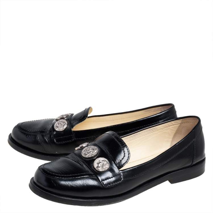 Pre Owned Chanel Black Leather Coin Embellished Slip On Loafers Size 37