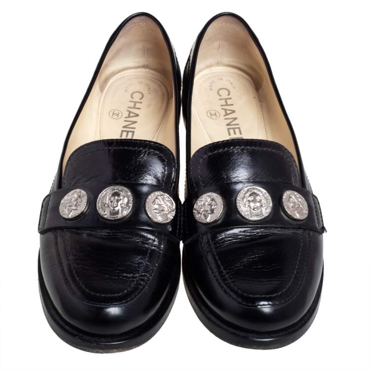 Pre Owned Chanel Black Leather Coin Embellished Slip On Loafers Size 37