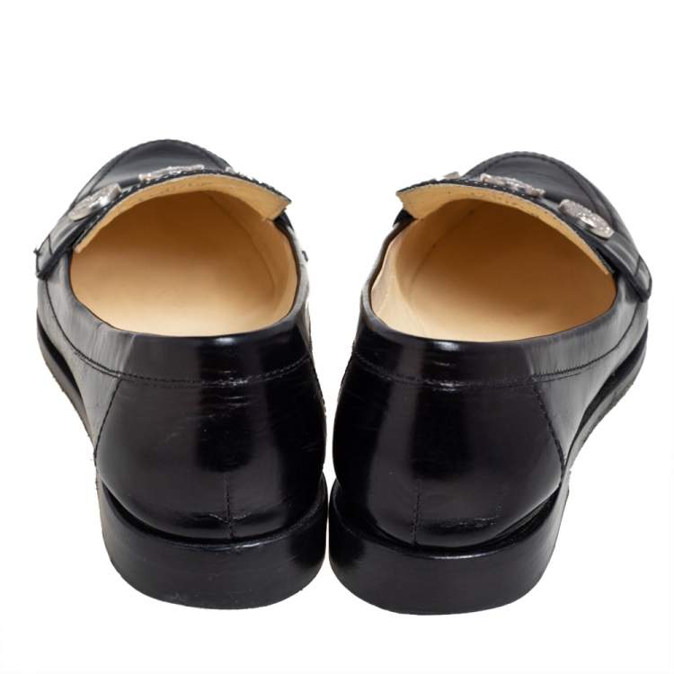 Pre Owned Chanel Black Leather Coin Embellished Slip On Loafers Size 37