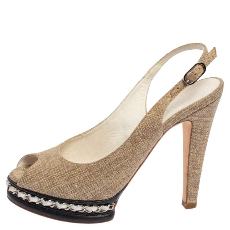 Chanel Beige Canvas And Black Leather Peep Toe Platform Slingback