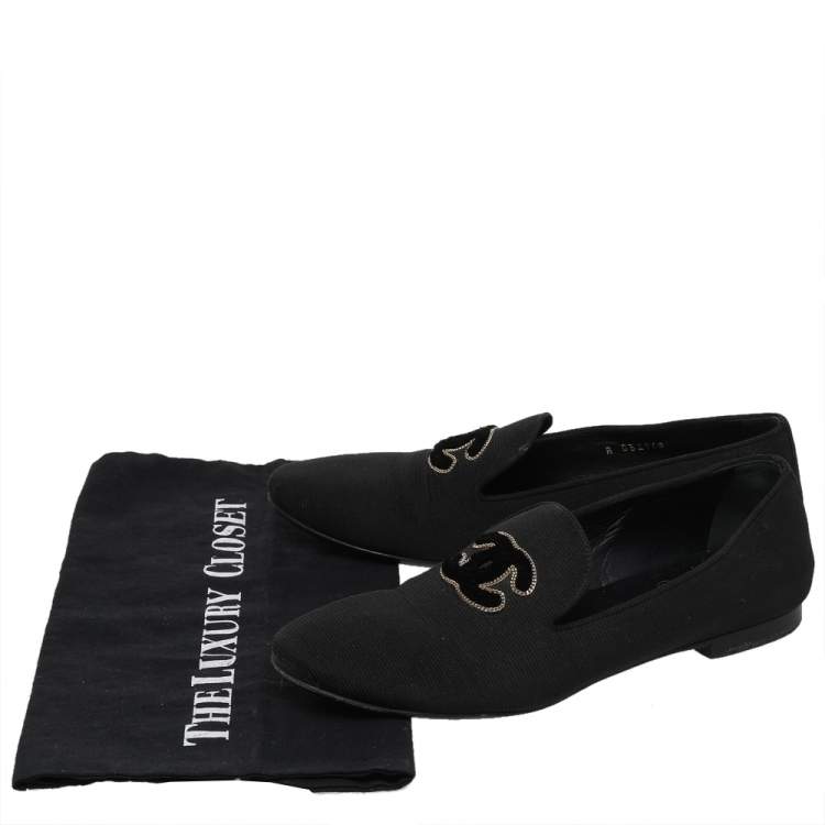 Pre Owned Chanel Black Canvas CC Smoking Slippers Size 37.5