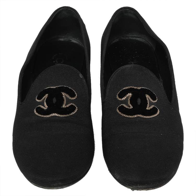 Pre Owned Chanel Black Canvas CC Smoking Slippers Size 37.5