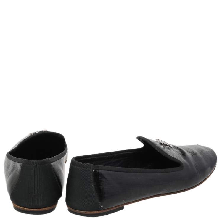 Pre Owned Chanel Black Patent Leather CC Smoking Slippers Size 37.5
