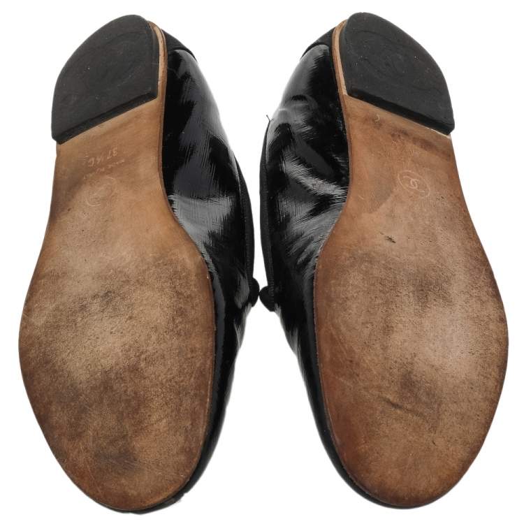 Pre Owned Chanel Black Patent Leather CC Smoking Slippers Size 37.5