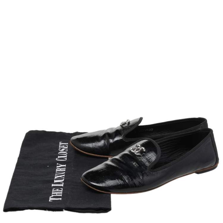 Pre Owned Chanel Black Patent Leather CC Smoking Slippers Size 37.5