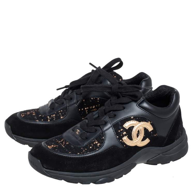 Pre Owned Chanel Black Tweed and Leather Low Top Sneakers Size 38