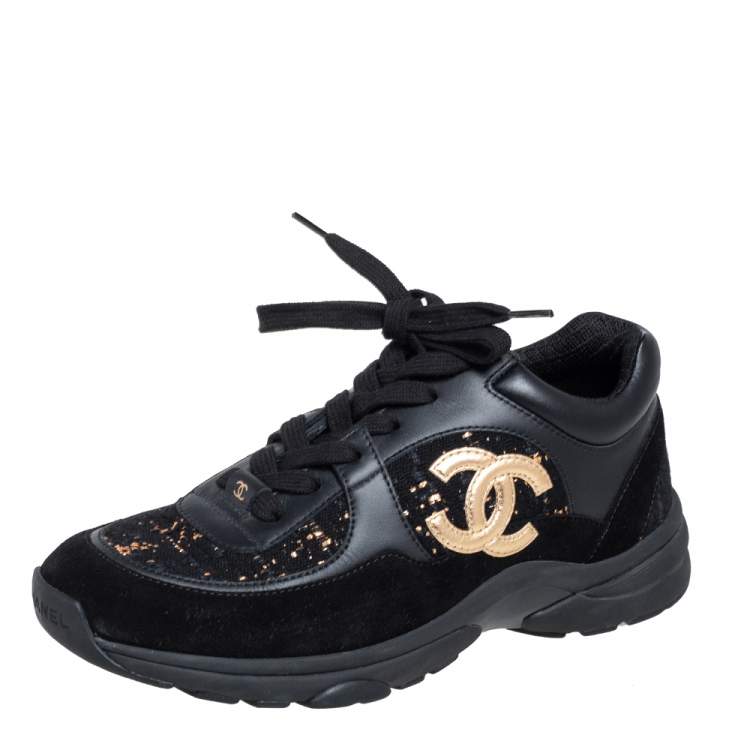 Pre Owned Chanel Black Tweed and Leather Low Top Sneakers Size 38
