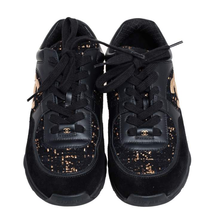 Pre Owned Chanel Black Tweed and Leather Low Top Sneakers Size 38
