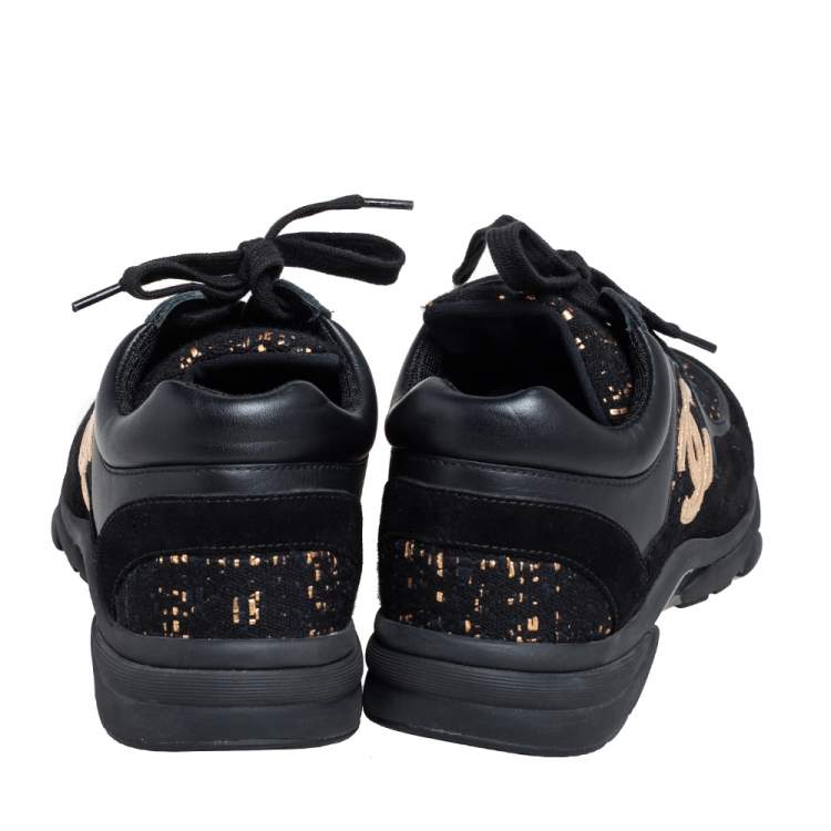 Pre Owned Chanel Black Tweed and Leather Low Top Sneakers Size 38