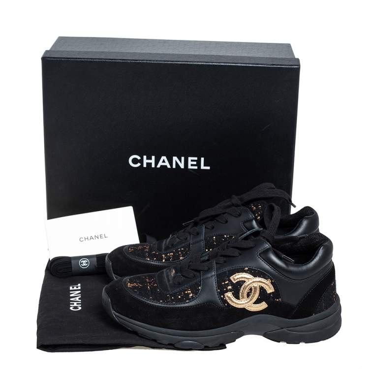 Pre Owned Chanel Black Tweed and Leather Low Top Sneakers Size 38