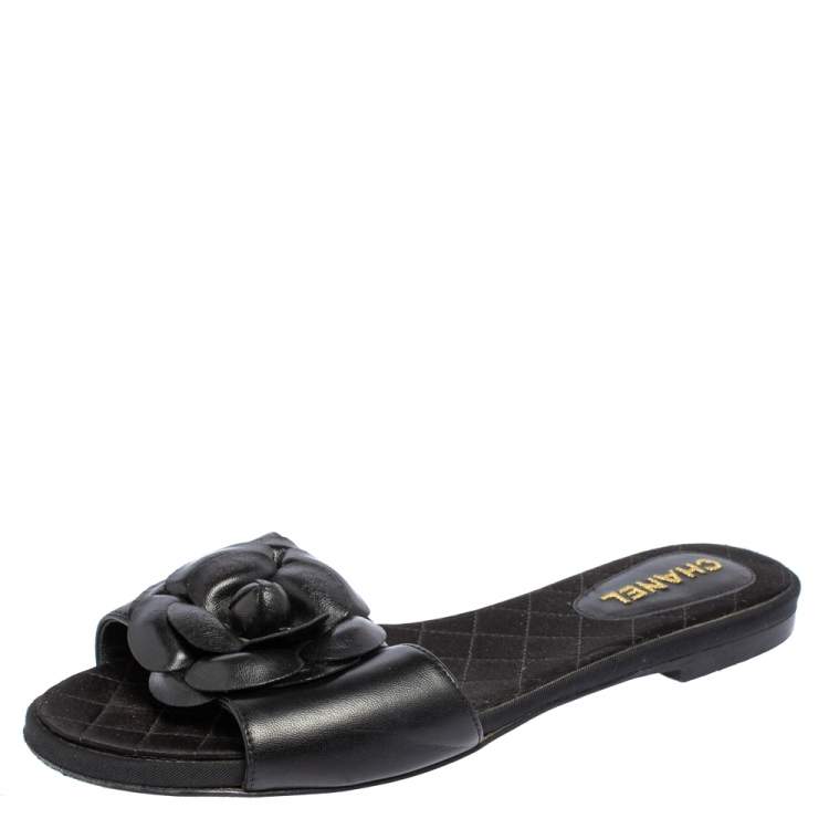 Chanel Black Leather Camellia Slide Flat Sandals Size 37 Chanel | The  Luxury Closet