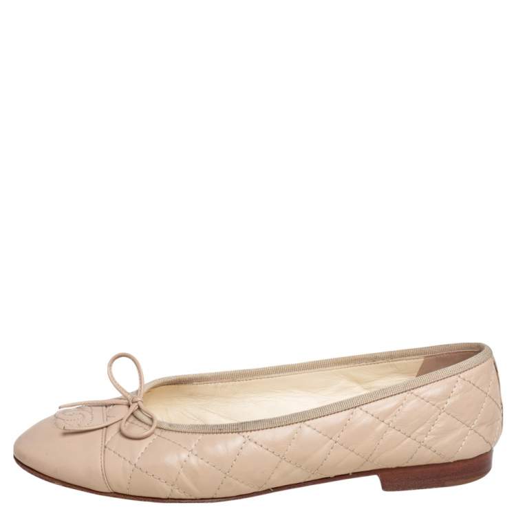 Chanel Beige Quilted Leather Cap Toe Bow Size 38 | TLC