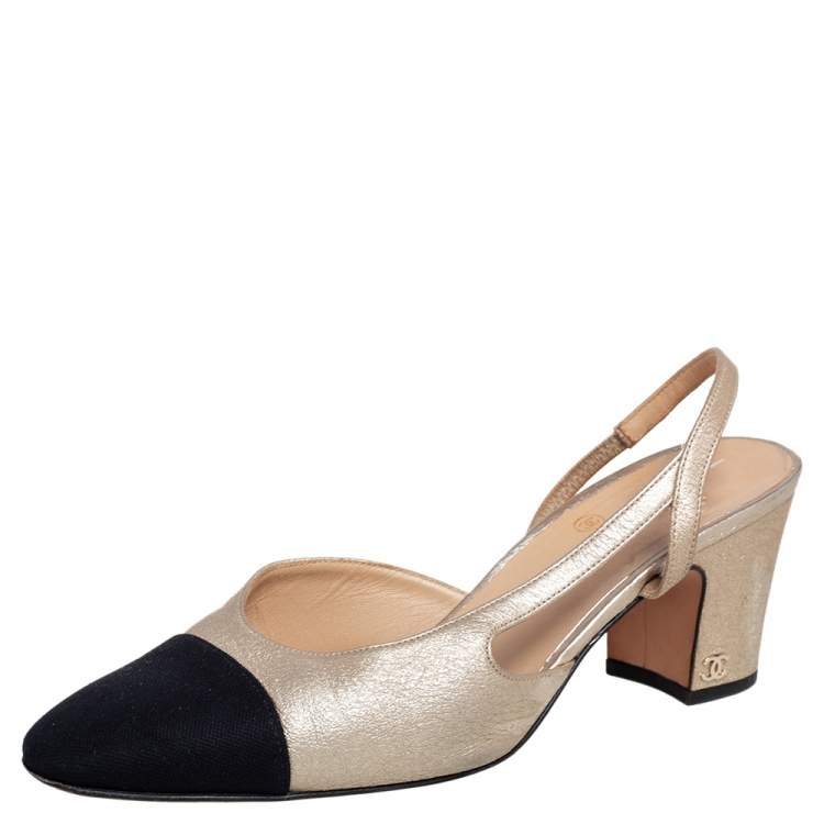 Chanel Gold/Black Leather and Canvas CC Cap Toe Slingback Pumps Size 39  Chanel | The Luxury Closet