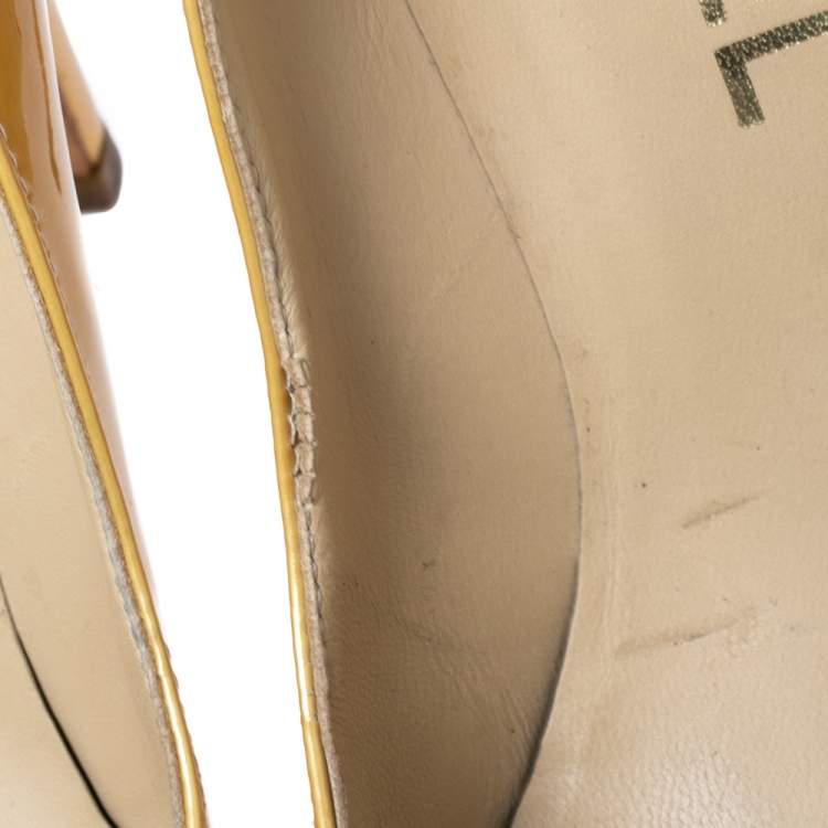 Pre Owned Chanel Gold Patent Leather CC Peep Toe Pumps Size 36.5