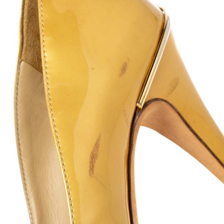 Pre Owned Chanel Gold Patent Leather CC Peep Toe Pumps Size 36.5