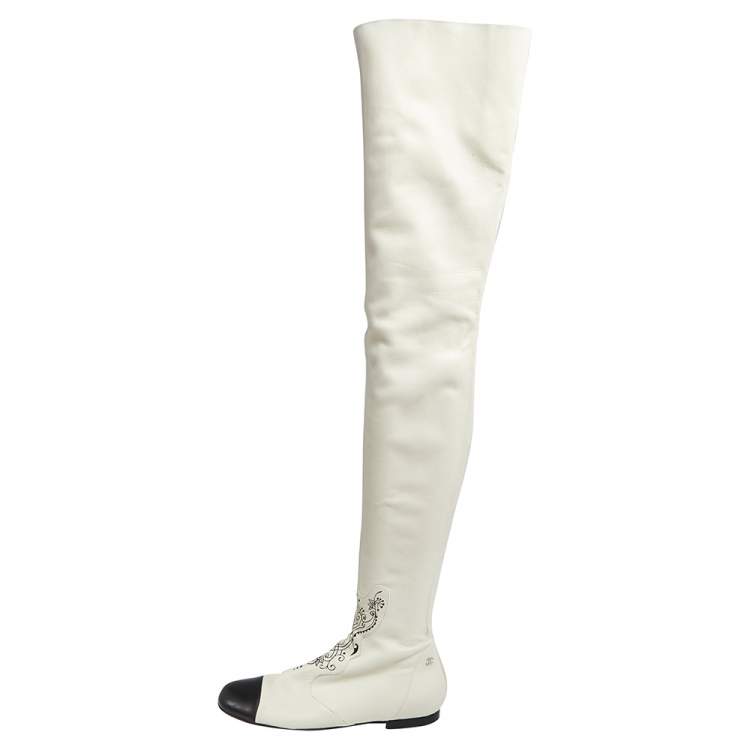 Chanel White Leather Cap Toe Thigh Over Knee High Boots Size 38