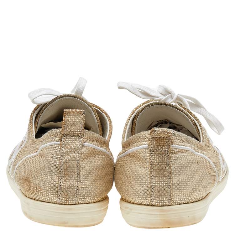 Pre Owned Chanel Beige Canvas And Leather CC Low Top Sneakers Size 39.5