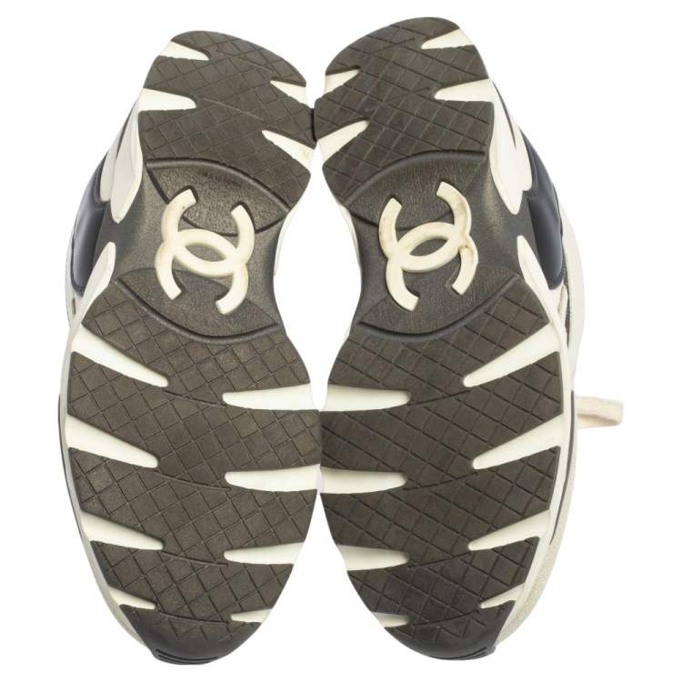 Pre Owned Chanel Grey/White  Leather And Canvas  CC Lace Up Sneakers Size 36.5
