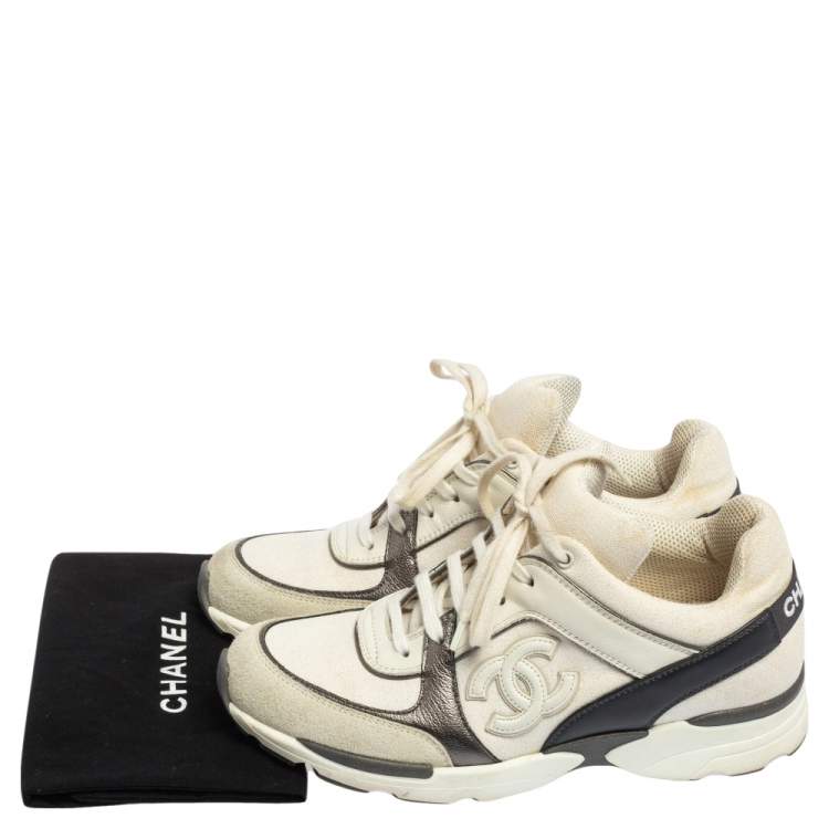 Pre Owned Chanel Grey/White  Leather And Canvas  CC Lace Up Sneakers Size 36.5