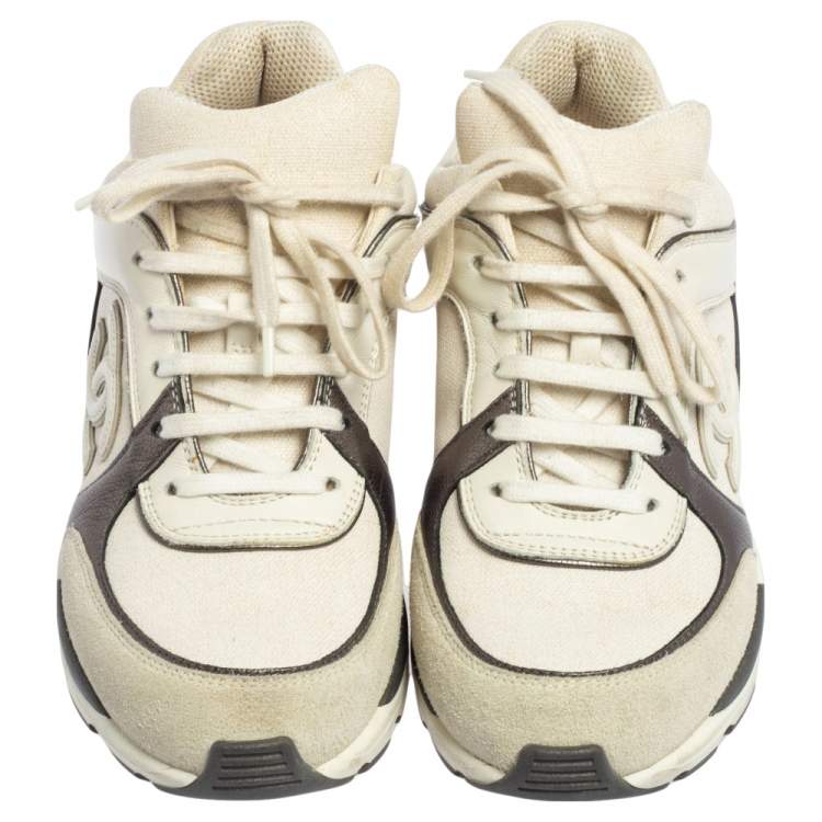 Pre Owned Chanel Grey/White  Leather And Canvas  CC Lace Up Sneakers Size 36.5