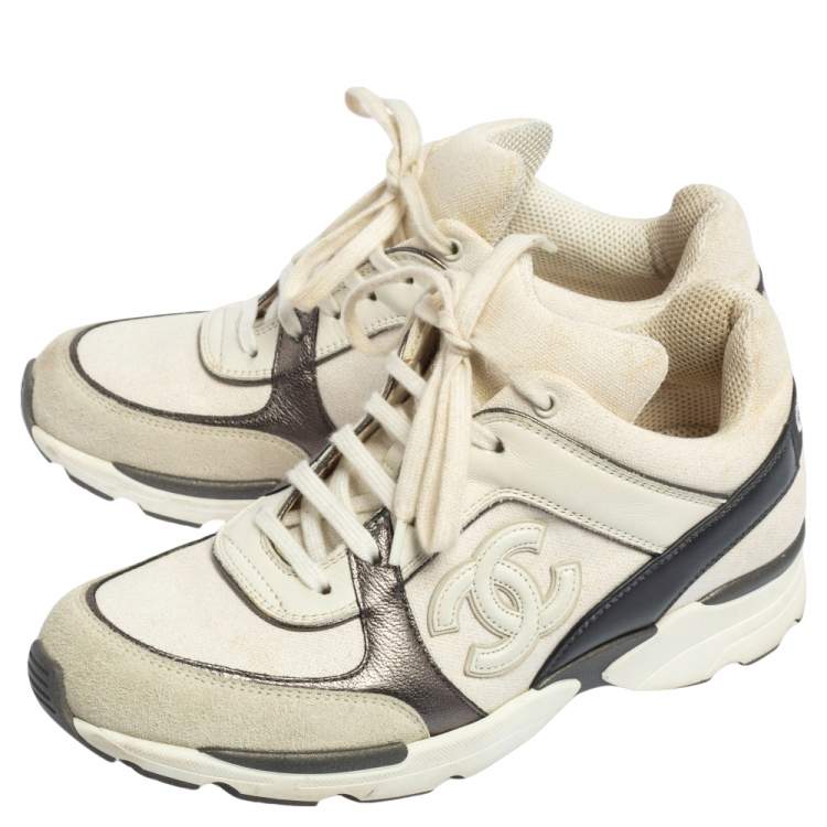 Pre Owned Chanel Grey/White  Leather And Canvas  CC Lace Up Sneakers Size 36.5