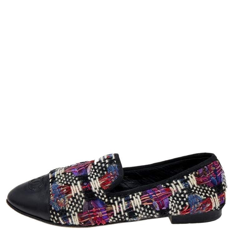 Pre Owned Chanel Multicolor Printed Tweed And Leather Loafers Size 40